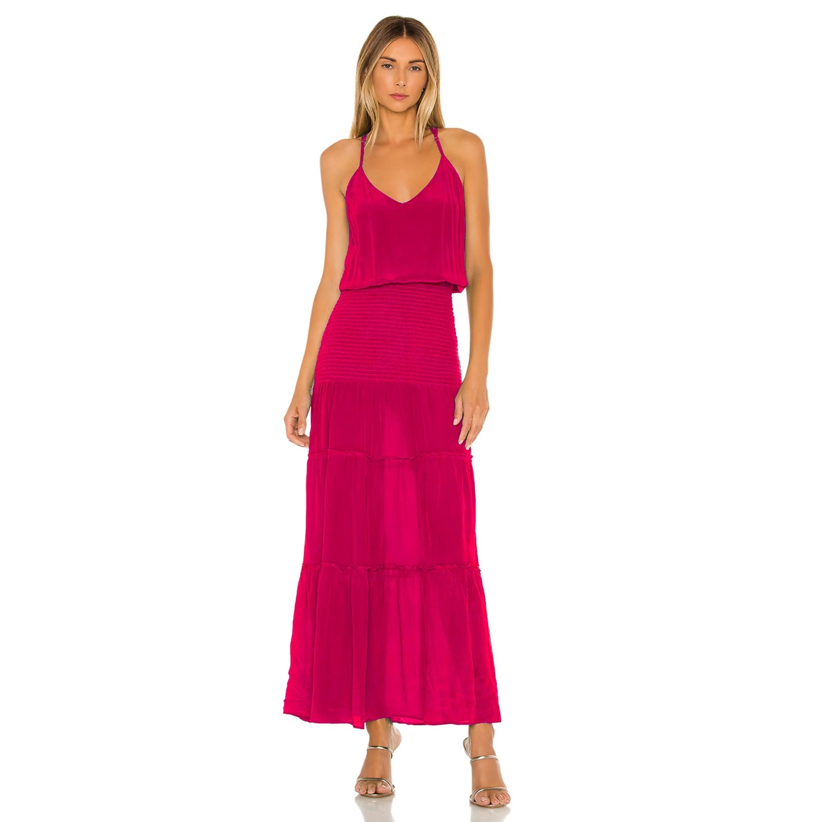 Karina Grimaldi Solid Maxi Dress Sleeveless Silk Hot Pink Tiered Smocked Sz M